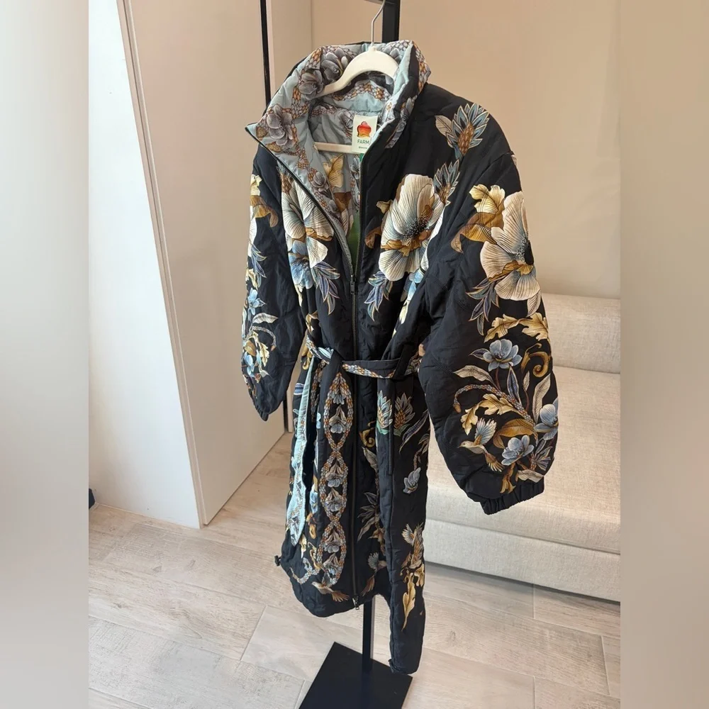 Farm Rio: Black Flowerful Snake Garden Reversible Maxi Puffer Jacket DT - Picture 12 of 14